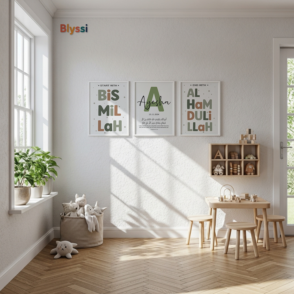 Islamic Nursery Wall Art Set – Bismillah, Alhamdulillah & Personalized Name (Set of 3 Prints)